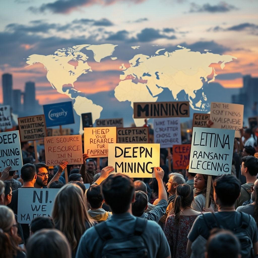 discoveries - A dynamic scene of a global protest and debate, with diverse people holding signs related to deep-sea mining, e