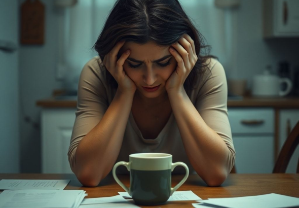 A woman sitting alone at a kitchen table, head in hands, looking distraught and overwhelmed, with scattered papers and a half-empty coffee cup. The lighting is soft and subdued, emphasizing a sense of isolation and sadness. The style is realistic, highly detailed, 8k quality, cinematic atmosphere, photorealistic.