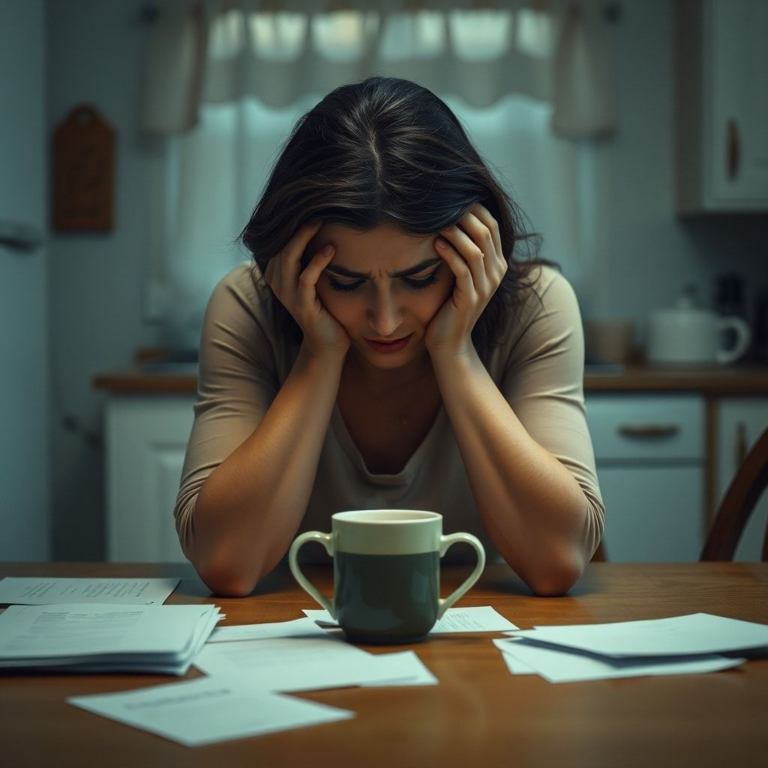 A woman sitting alone at a kitchen table, head in hands, looking distraught and overwhelmed, with scattered papers and a half-empty coffee cup. The lighting is soft and subdued, emphasizing a sense of isolation and sadness. The style is realistic, highly detailed, 8k quality, cinematic atmosphere, photorealistic.