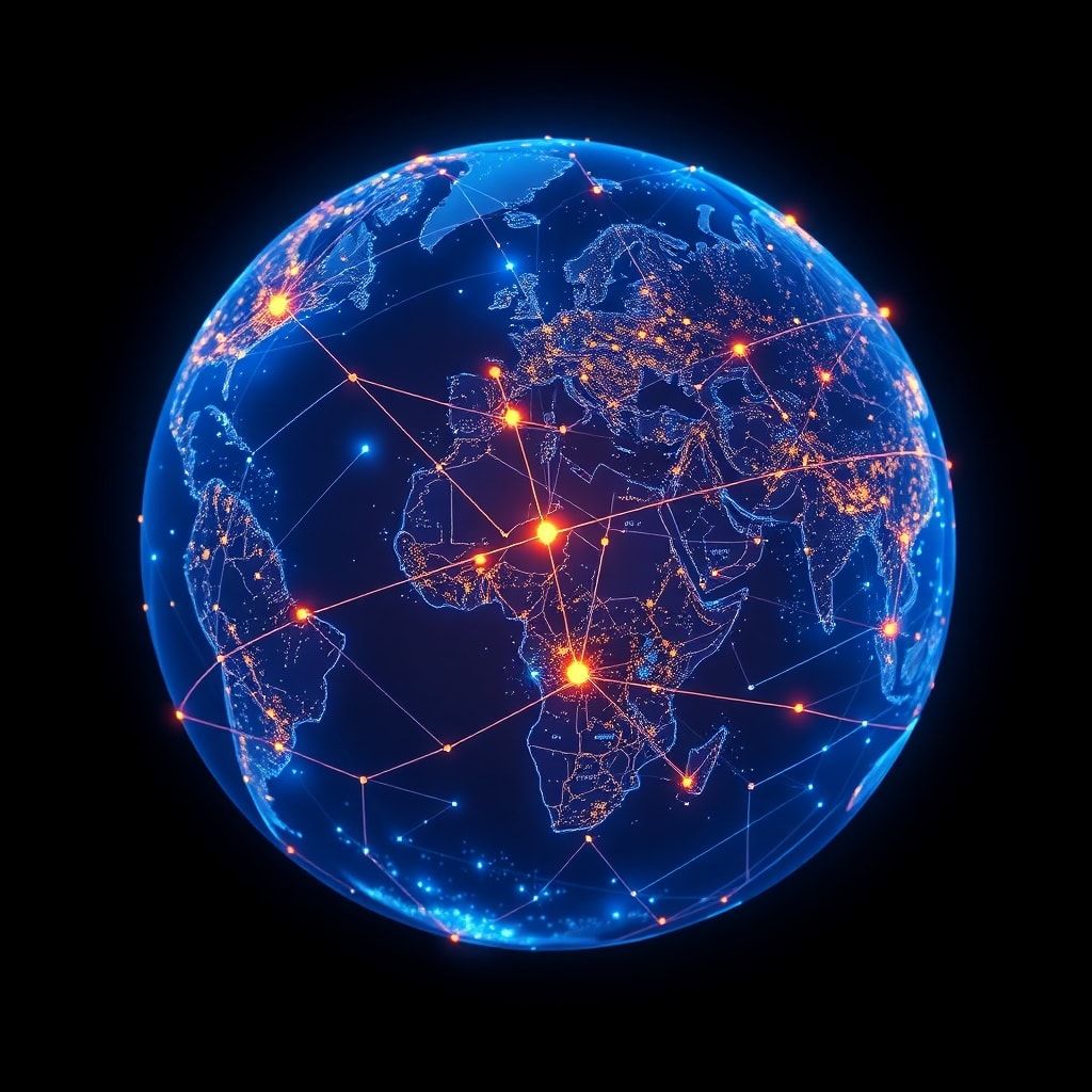 A vibrant, interconnected network of digital lines and nodes spanning across a glowing blue Earth, symbolizing global communication and data flow. The style is futuristic and high-tech, with glowing neon accents and a sense of movement, representing the digital transformation. Dark background with subtle light flares, ultra realistic, highly detailed, 8k quality, digital art