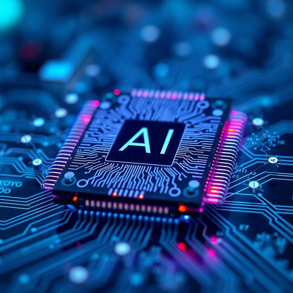 global - A close-up shot of a sophisticated AI processor chip glowing with intricate blue and purple circuitry, surrounded by