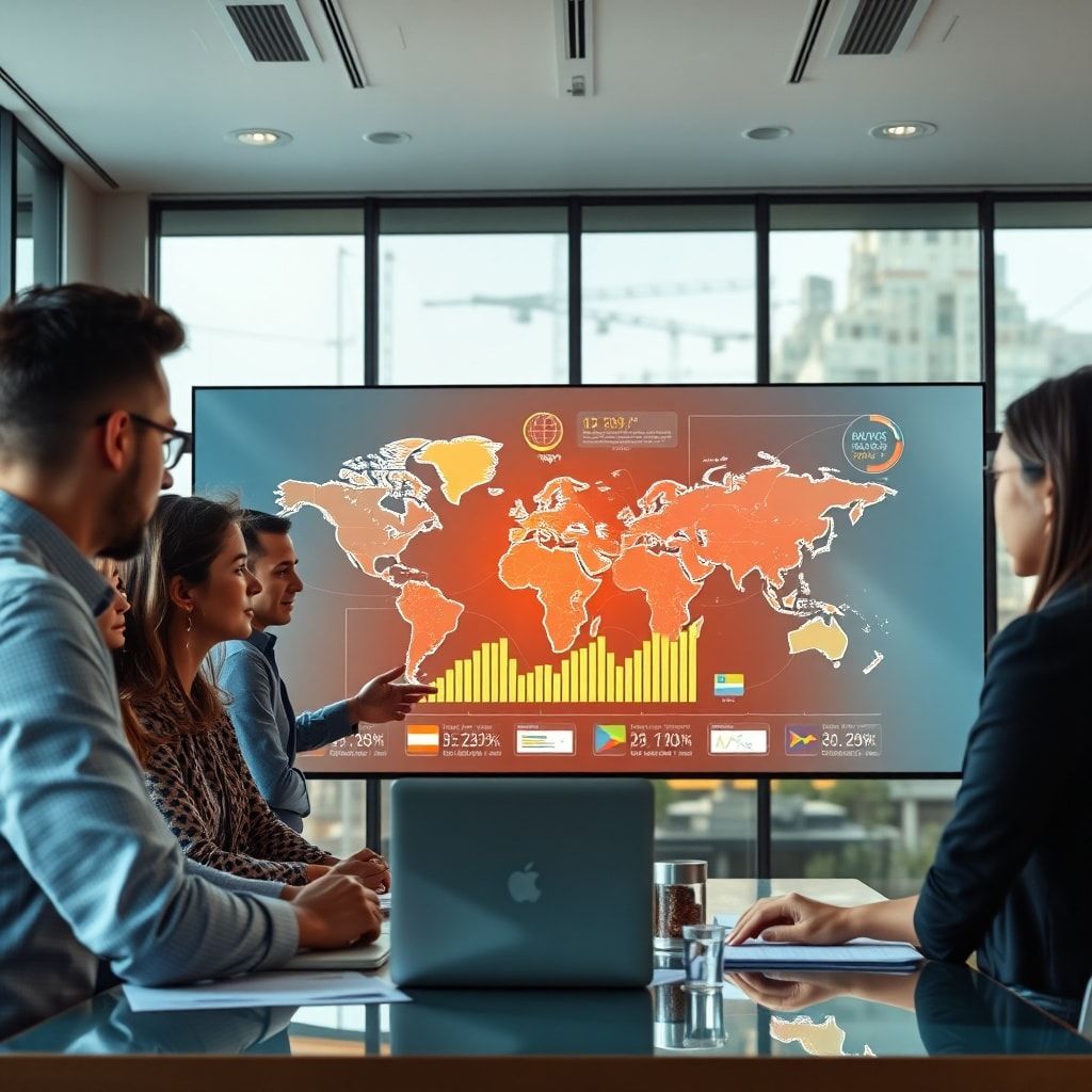 A diverse group of international business professionals in a modern, sunlit conference room, collaborating around a large int