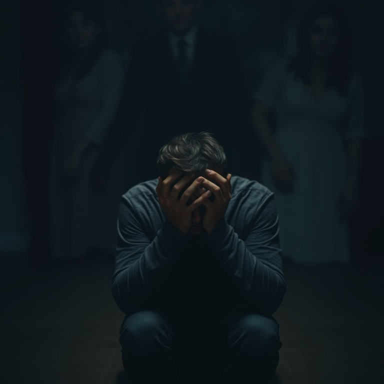 A person sitting alone in a dimly lit room, head in hands, looking distressed and betrayed, with blurred figures in the background suggesting a memory or thought of a partner and friend, melancholic atmosphere, deep shadows, realistic, cinematic