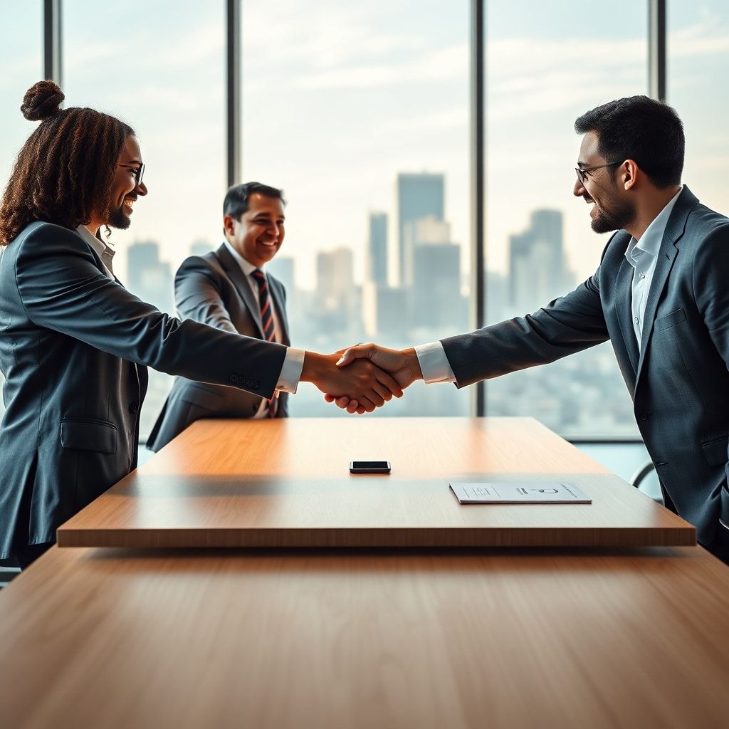 Two diverse business partners shaking hands firmly across a modern conference table, a bright city skyline visible through la