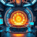 Futuristic fusion reactor core glowing with intense plasma, contained within a complex magnetic field, surrounded by advanced scientific equipment and monitoring screens. The scene is brightly lit with blue and white light, conveying innovation and high technology, ultra realistic, highly detailed, 8k quality, photorealistic