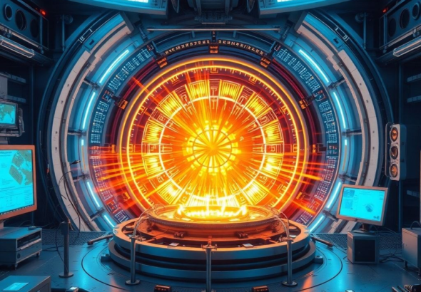 Futuristic fusion reactor core glowing with intense plasma, contained within a complex magnetic field, surrounded by advanced scientific equipment and monitoring screens. The scene is brightly lit with blue and white light, conveying innovation and high technology, ultra realistic, highly detailed, 8k quality, photorealistic
