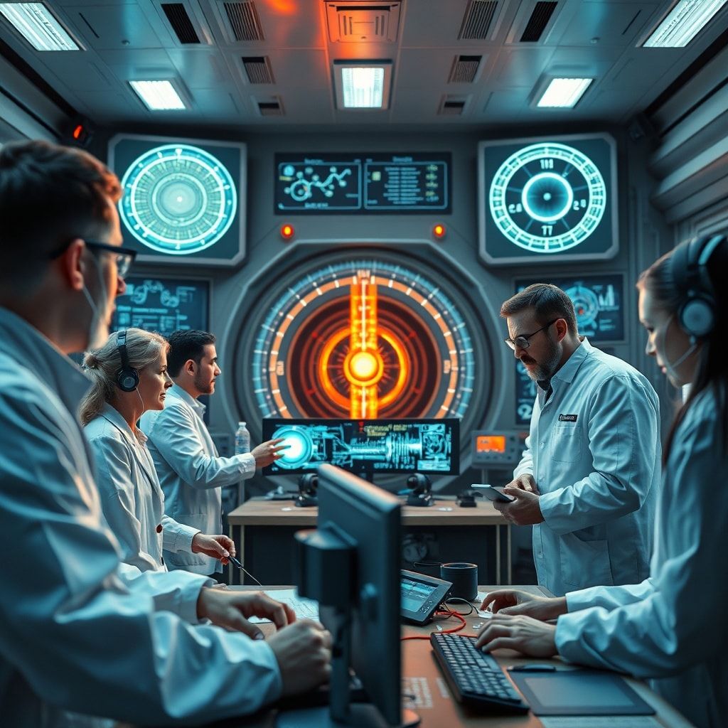 breakthrough - Diverse team of scientists and engineers collaborating in a high-tech control room, monitoring holographic dis