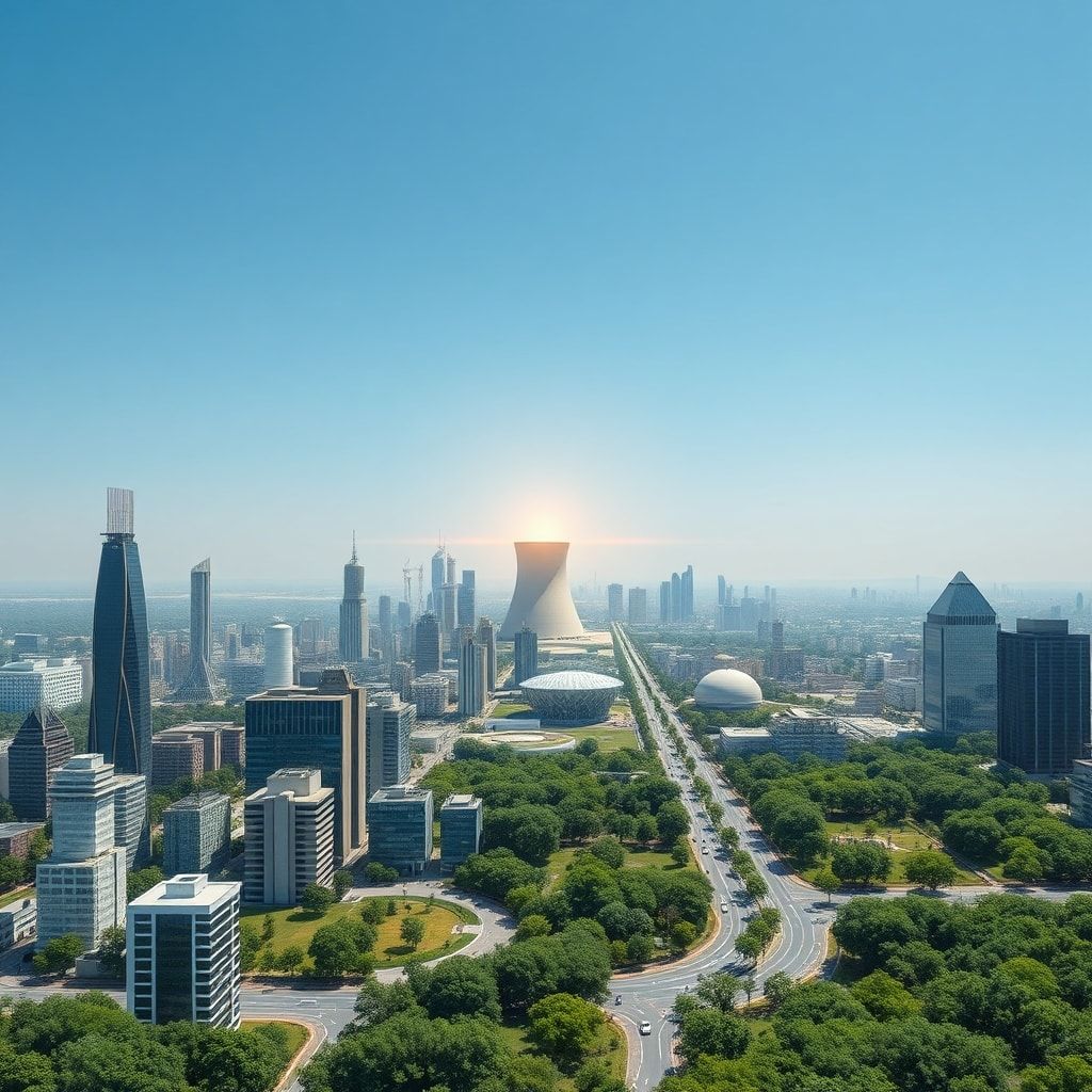 breakthrough - Panoramic view of a futuristic city skyline powered by clean energy, with sleek high-rise buildings, electric