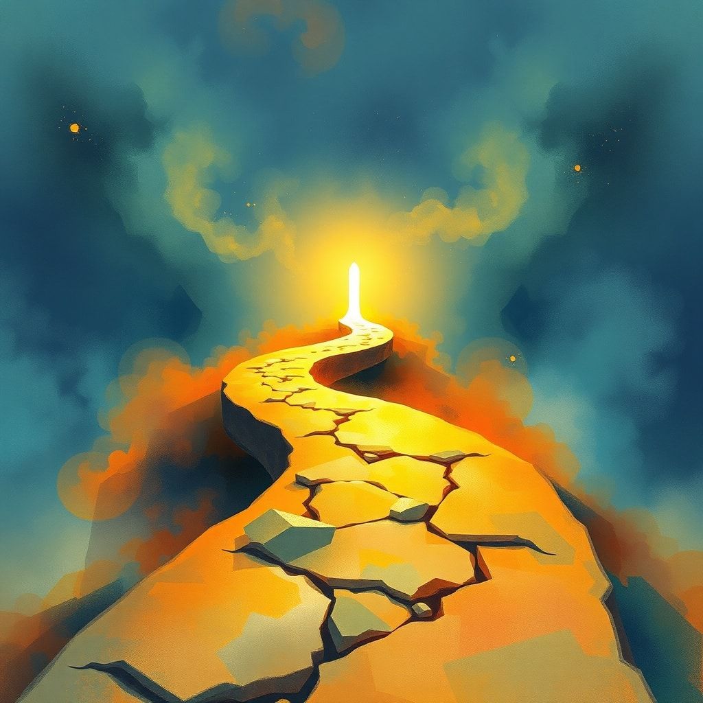 A metaphorical image depicting a winding, illuminated path leading towards a bright, distant light, symbolizing a long and ch