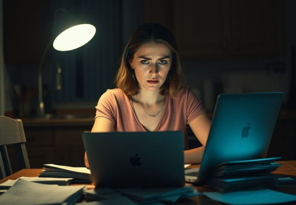 A woman sits alone at a kitchen table late at night, illuminated by the glow of a laptop screen and a single desk lamp. She is surrounded by stacks of paper, bank statements, and credit reports, her face etched with worry and concentration as she scrutinizes documents. The kitchen is dimly lit, reflecting a mood of quiet desperation and intense focus, cinematic atmosphere, ultra realistic, highly detailed, 8k quality, photorealistic