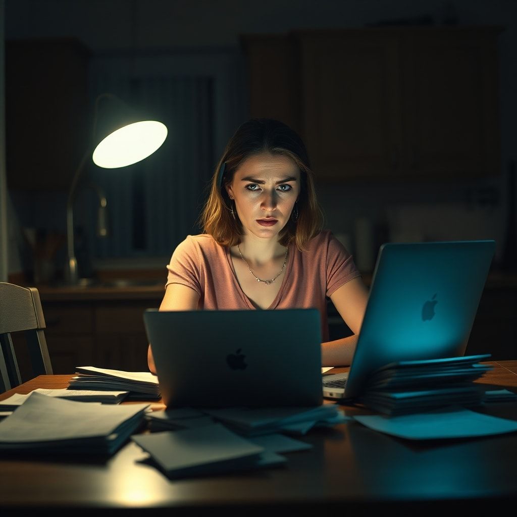 A woman sits alone at a kitchen table late at night, illuminated by the glow of a laptop screen and a single desk lamp. She is surrounded by stacks of paper, bank statements, and credit reports, her face etched with worry and concentration as she scrutinizes documents. The kitchen is dimly lit, reflecting a mood of quiet desperation and intense focus, cinematic atmosphere, ultra realistic, highly detailed, 8k quality, photorealistic