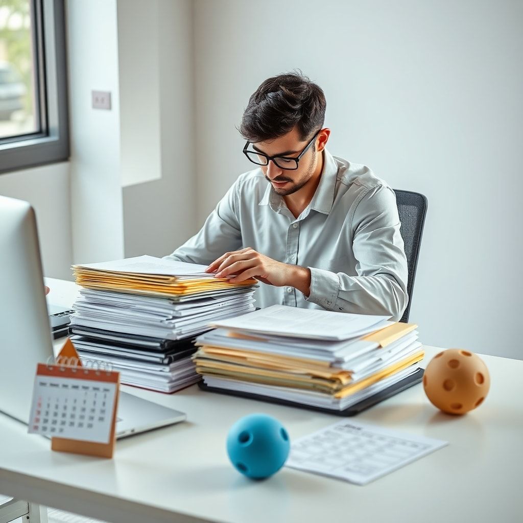 uncovering - A person sits at a modern desk, meticulously organizing a stack of documents, files, and a laptop. The desk is c