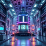 A detailed, futuristic commercial fusion reactor glowing with soft blue and purple light, contained within a massive, sleek industrial facility, surrounded by advanced machinery and control panels. The atmosphere is awe-inspiring and highly technical, with a sense of immense power being harnessed, ultra realistic, highly detailed, 8k quality, photorealistic