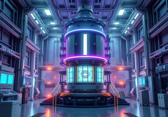 A detailed, futuristic commercial fusion reactor glowing with soft blue and purple light, contained within a massive, sleek industrial facility, surrounded by advanced machinery and control panels. The atmosphere is awe-inspiring and highly technical, with a sense of immense power being harnessed, ultra realistic, highly detailed, 8k quality, photorealistic