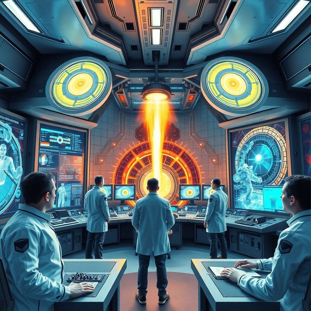 first - A modern control room for a fusion reactor, filled with large holographic displays showing complex energy flows and p