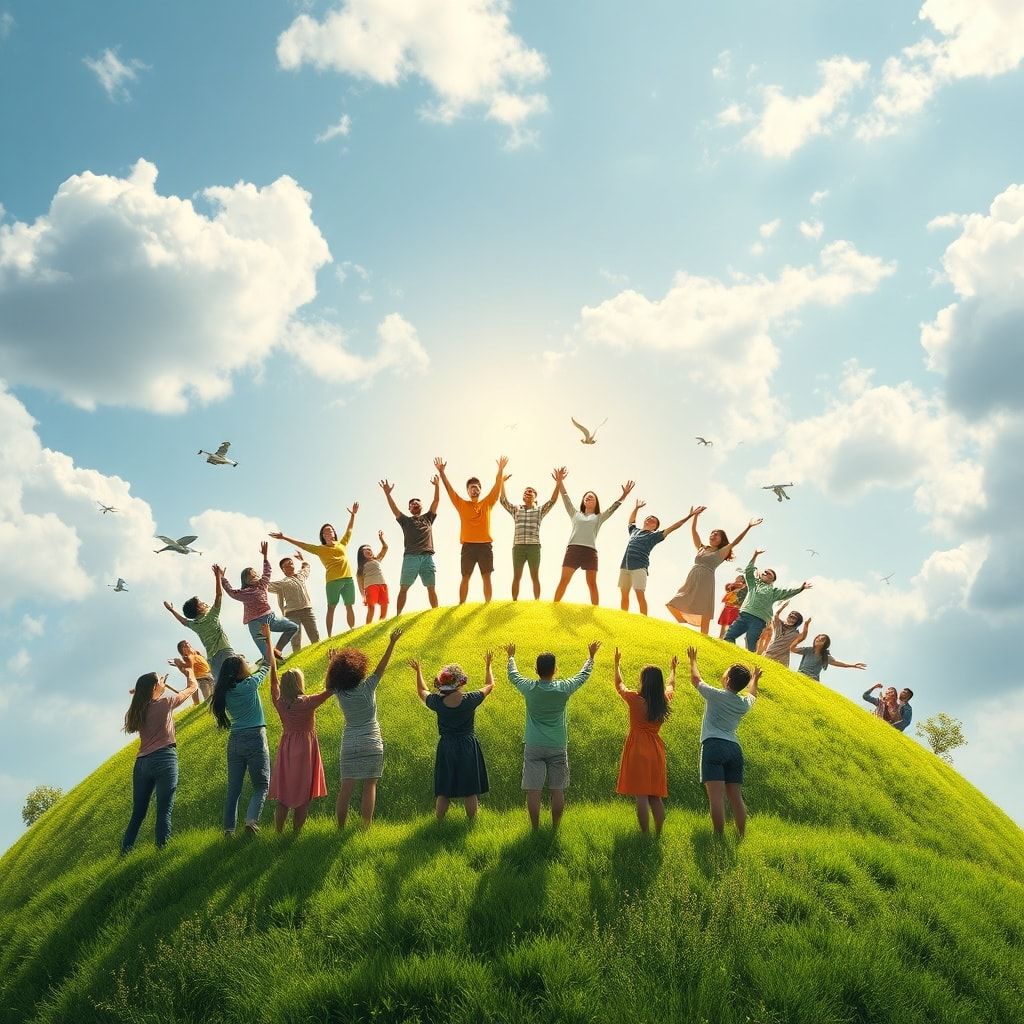 first - A diverse group of people from around the world celebrating on a vibrant, green planet, looking up at a sky filled wi