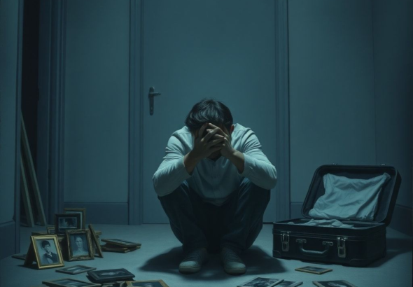 A distraught person sits alone in a dimly lit room, head in hands, surrounded by scattered photo frames and a half-packed suitcase, conveying feelings of betrayal and confusion, soft focus, melancholic blue and grey tones, realistic, cinematic