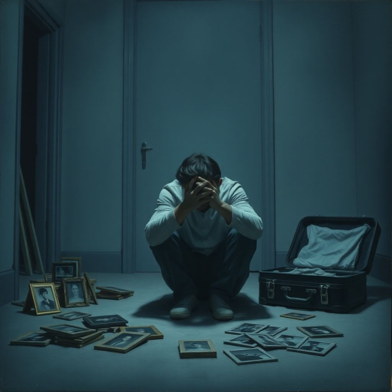 A distraught person sits alone in a dimly lit room, head in hands, surrounded by scattered photo frames and a half-packed suitcase, conveying feelings of betrayal and confusion, soft focus, melancholic blue and grey tones, realistic, cinematic