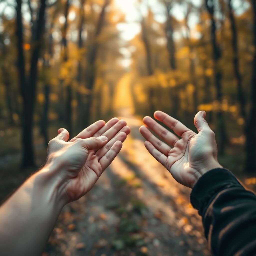 relationshipadvice - Two hands, one reaching out gently to the other, against a blurred background of a serene, sunlit path t