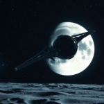 A detailed artistic rendering of the Orion spacecraft orbiting the Moon with Earth visible in the background, showcasing the vastness of space, realistic starfield, vibrant blue and white Earth, detailed lunar surface, cinematic lighting, high resolution, ultra realistic, 8k quality, photorealistic