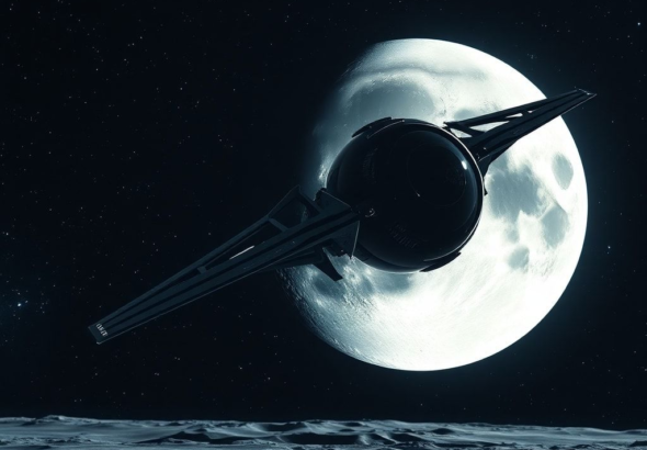 A detailed artistic rendering of the Orion spacecraft orbiting the Moon with Earth visible in the background, showcasing the vastness of space, realistic starfield, vibrant blue and white Earth, detailed lunar surface, cinematic lighting, high resolution, ultra realistic, 8k quality, photorealistic