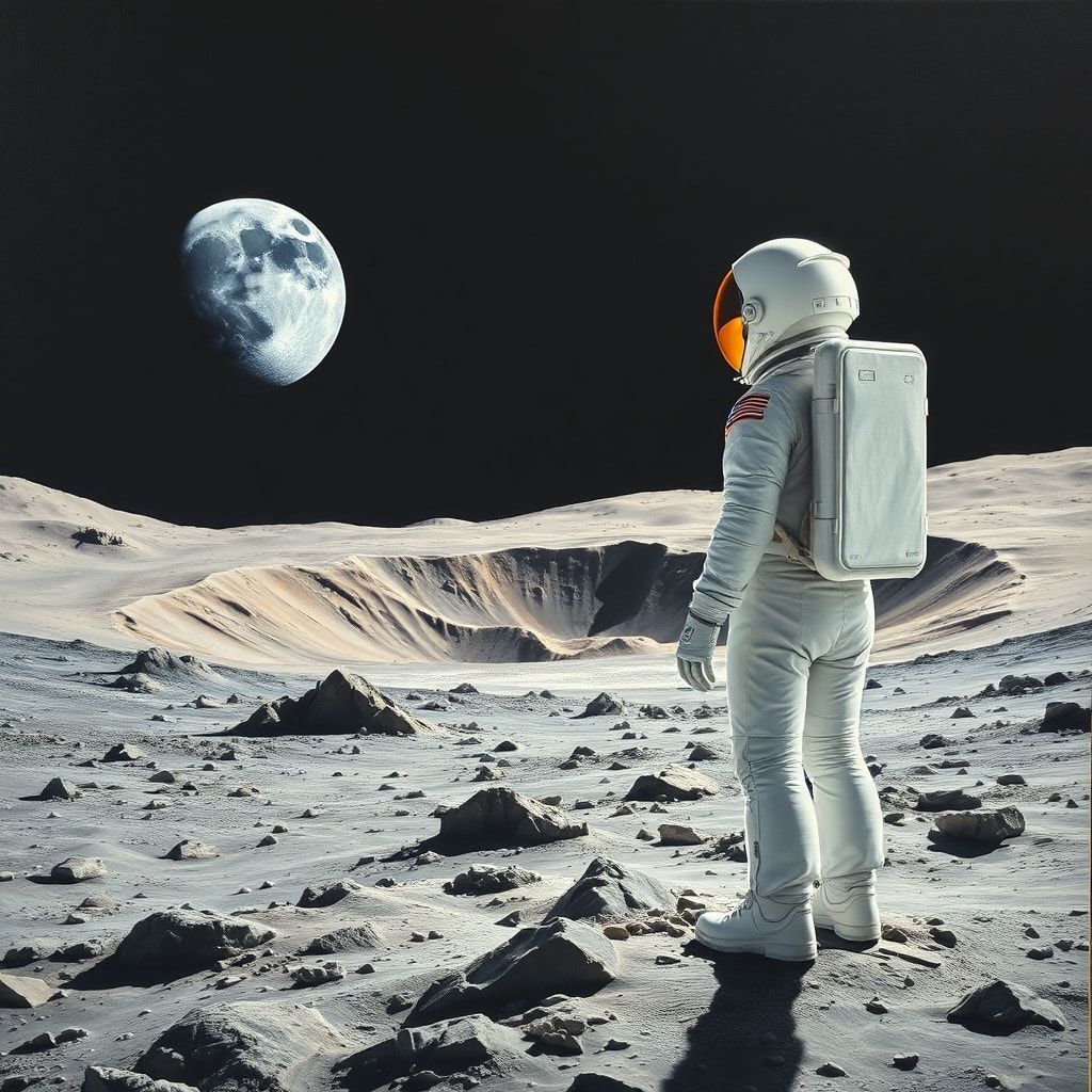 artemis - An astronaut in a futuristic, sleek white spacesuit with a gold visor, standing on the rugged, dusty lunar South Po