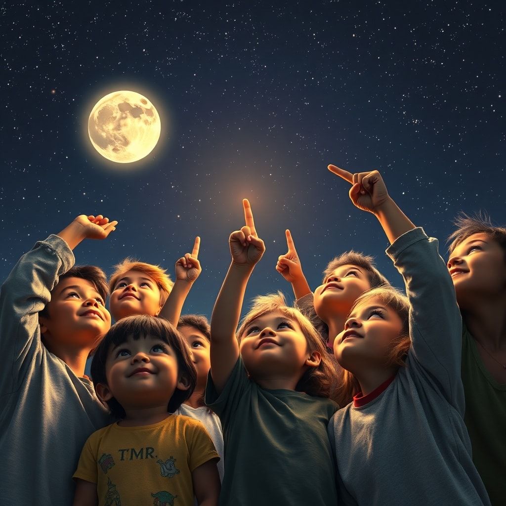 artemis - A diverse group of children from around the world, looking up at a night sky filled with stars, pointing excitedly