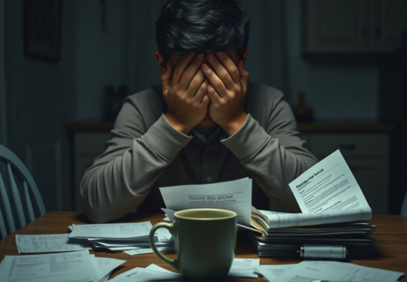 A person sitting alone at a kitchen table in a dimly lit room, hands over their face, looking stressed and overwhelmed by financial documents and medical bills scattered around, a half-empty coffee cup beside them, moody lighting, realistic, cinematic, deep shadows, 8k quality, evoking a sense of secret burden and a difficult confession.