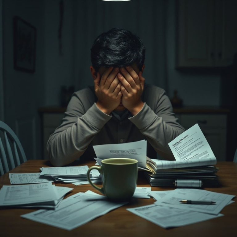 A person sitting alone at a kitchen table in a dimly lit room, hands over their face, looking stressed and overwhelmed by financial documents and medical bills scattered around, a half-empty coffee cup beside them, moody lighting, realistic, cinematic, deep shadows, 8k quality, evoking a sense of secret burden and a difficult confession.