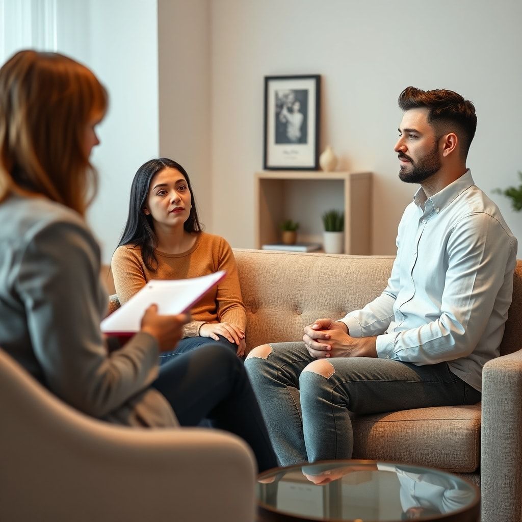 A couple sitting on a comfortable sofa in a modern therapy office, facing a kind and understanding therapist who is taking no
