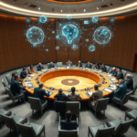 A diverse group of world leaders and diplomats seated around a large, circular conference table in a modern UN-style assembly hall, engaged in serious discussion about AI, with holographic projections of data and neural networks floating above the table. The mood is collaborative yet urgent, with warm, professional lighting, cinematic, ultra realistic, highly detailed, 8k quality, photorealistic