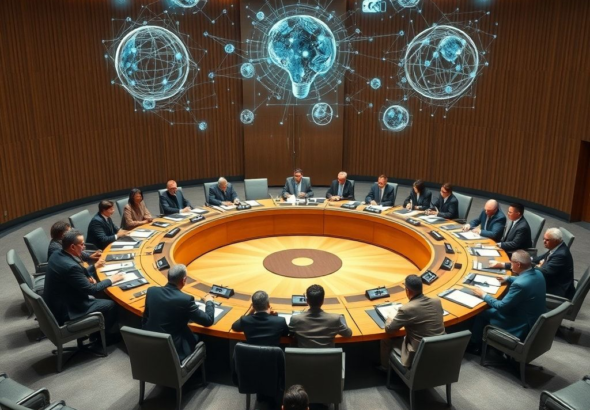 A diverse group of world leaders and diplomats seated around a large, circular conference table in a modern UN-style assembly hall, engaged in serious discussion about AI, with holographic projections of data and neural networks floating above the table. The mood is collaborative yet urgent, with warm, professional lighting, cinematic, ultra realistic, highly detailed, 8k quality, photorealistic
