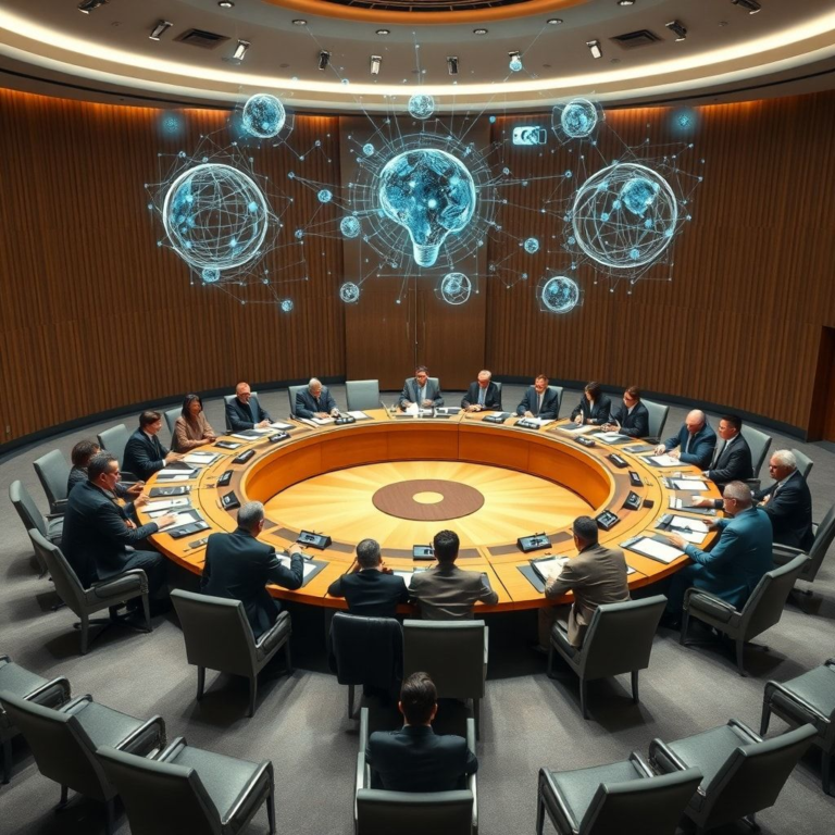 A diverse group of world leaders and diplomats seated around a large, circular conference table in a modern UN-style assembly hall, engaged in serious discussion about AI, with holographic projections of data and neural networks floating above the table. The mood is collaborative yet urgent, with warm, professional lighting, cinematic, ultra realistic, highly detailed, 8k quality, photorealistic