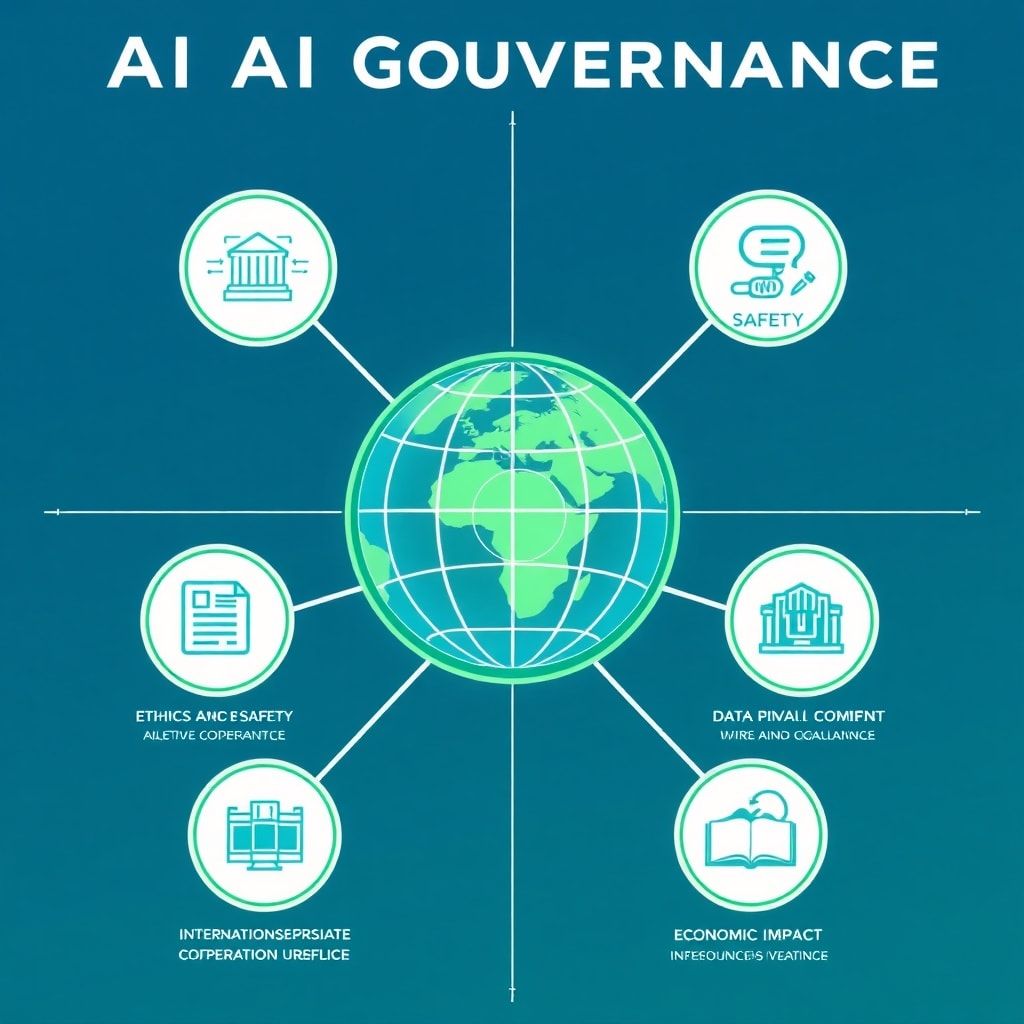 A detailed infographic showing interconnected elements of AI governance: ethics, safety, data privacy, international cooperat