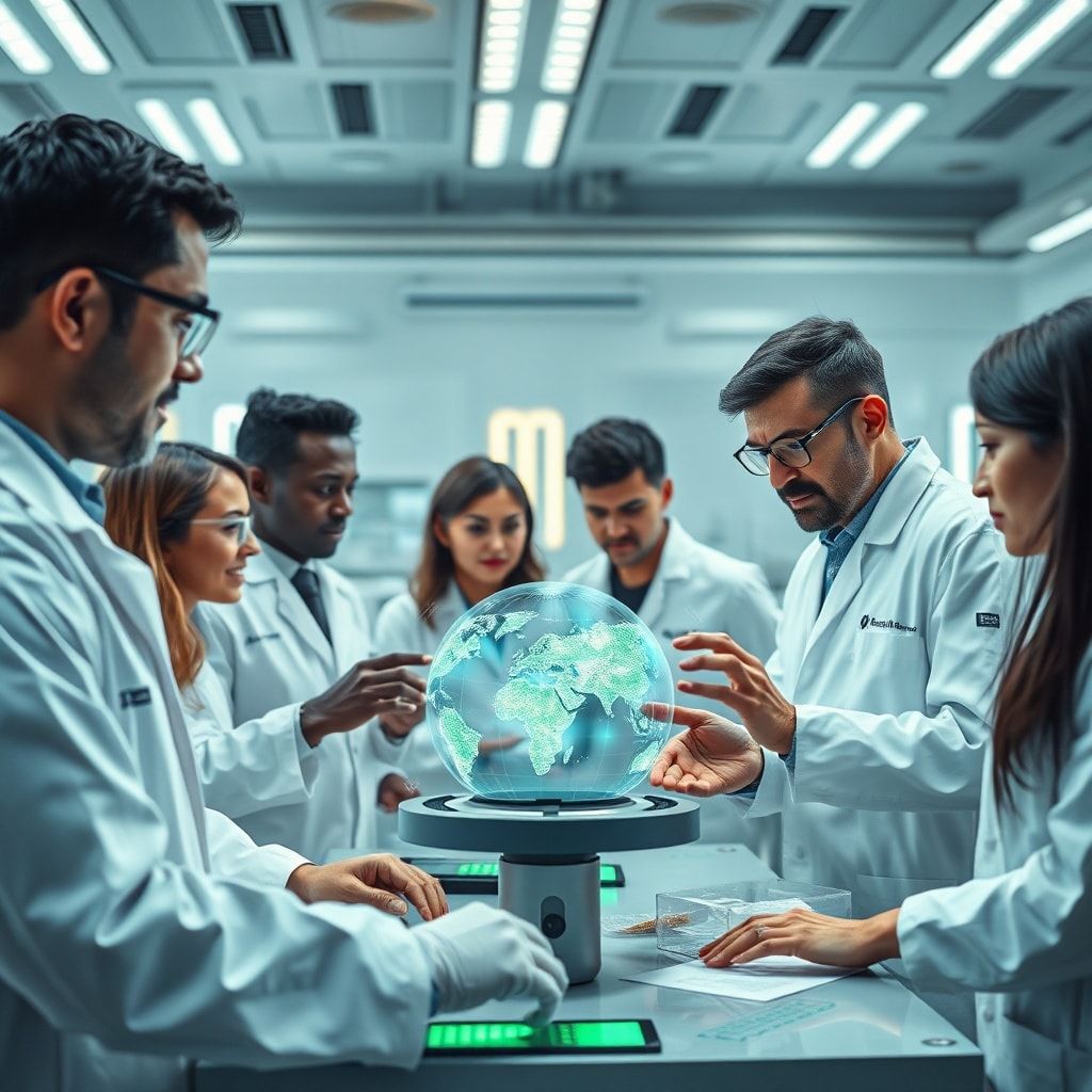 A futuristic laboratory setting with scientists and researchers from diverse ethnic backgrounds collaborating around advanced