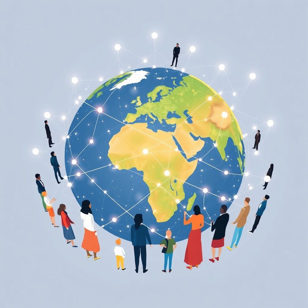 A stylized digital representation of Earth, with interconnected nodes and lines representing data flow and AI networks, surro