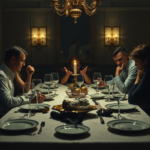 A dimly lit dining table after a tense family argument, wine glasses overturned, plates askew, a woman looking distraught with her head in her hands, a man staring at her with a look of betrayal, the room is elegant but feels cold and broken, dramatic lighting, cinematic, ultra realistic, highly detailed, 8k quality, photorealistic