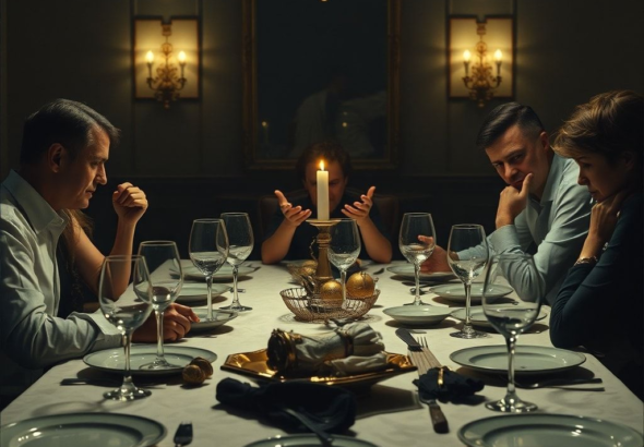 A dimly lit dining table after a tense family argument, wine glasses overturned, plates askew, a woman looking distraught with her head in her hands, a man staring at her with a look of betrayal, the room is elegant but feels cold and broken, dramatic lighting, cinematic, ultra realistic, highly detailed, 8k quality, photorealistic