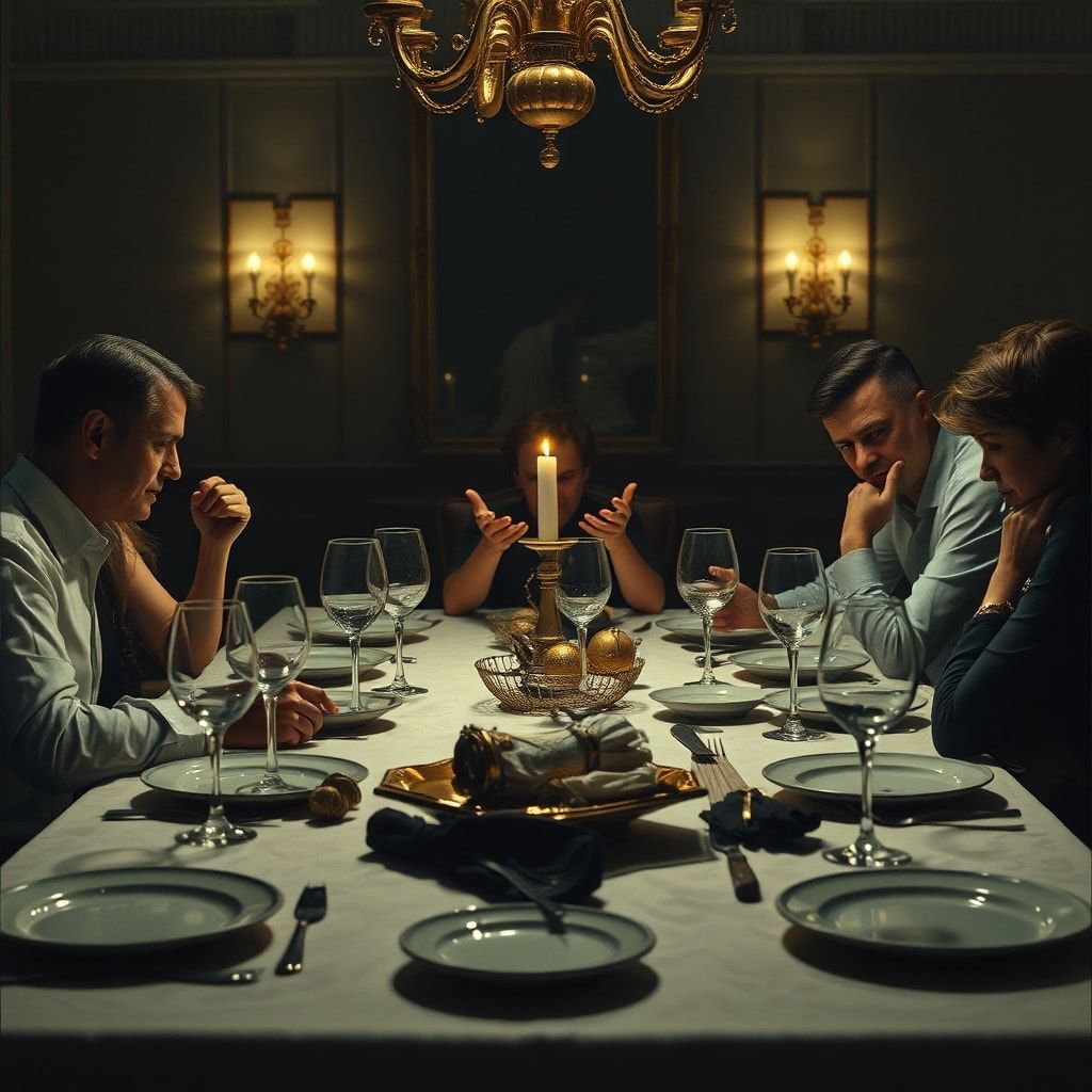 A dimly lit dining table after a tense family argument, wine glasses overturned, plates askew, a woman looking distraught with her head in her hands, a man staring at her with a look of betrayal, the room is elegant but feels cold and broken, dramatic lighting, cinematic, ultra realistic, highly detailed, 8k quality, photorealistic