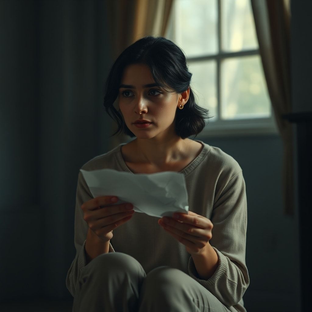 tifu - A woman sitting alone in a dimly lit room, holding a crumpled letter, looking contemplative and remorseful, a single t