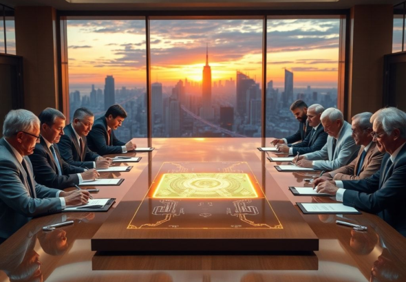 A diverse group of global leaders, including heads of state and prominent scientists, gathered around a large polished conference table, signing documents with a futuristic holographic AI interface glowing in the center. The setting is a grand, modern conference hall with large windows overlooking a vibrant city skyline at sunset, reflecting a sense of momentous achievement and global collaboration. The mood is serious yet hopeful, with warm lighting and a cinematic, ultra realistic, highly detailed, 8k quality, photorealistic aesthetic.