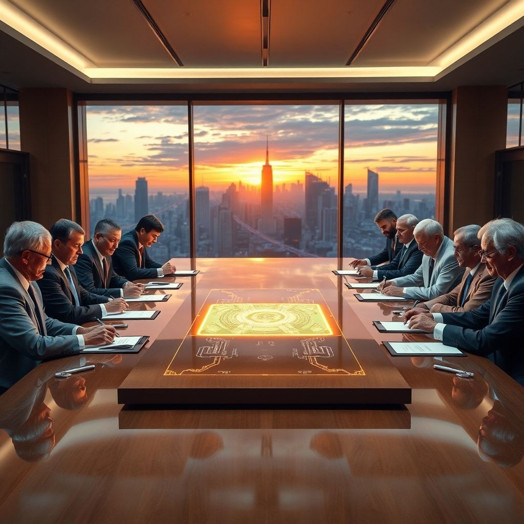A diverse group of global leaders, including heads of state and prominent scientists, gathered around a large polished conference table, signing documents with a futuristic holographic AI interface glowing in the center. The setting is a grand, modern conference hall with large windows overlooking a vibrant city skyline at sunset, reflecting a sense of momentous achievement and global collaboration. The mood is serious yet hopeful, with warm lighting and a cinematic, ultra realistic, highly detailed, 8k quality, photorealistic aesthetic.