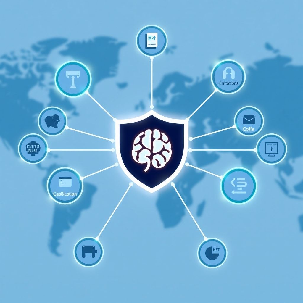 A sophisticated, stylized infographic showing a network of interconnected nodes representing different countries and organiza