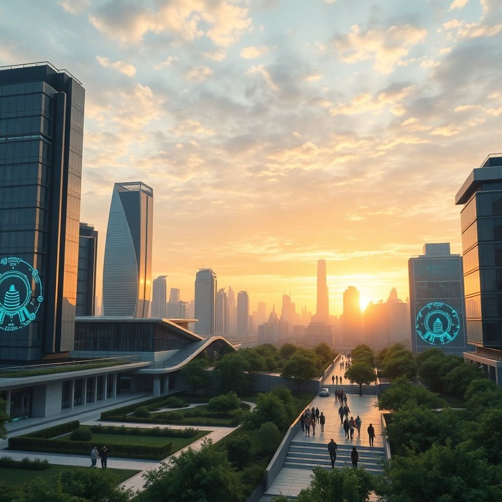 global - A serene, futuristic cityscape at dawn, with advanced, ethically integrated AI systems seamlessly operating in the b