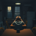 A person sitting alone at a kitchen table in a dimly lit house, head in hands, looking overwhelmed and distressed, contemplating a difficult decision. The setting is a cozy, slightly messy home, with muted colors, evening light filtering through a window, creating a somber, reflective mood. Realistic, highly detailed, cinematic atmosphere, 8k quality, photorealistic