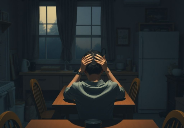 A person sitting alone at a kitchen table in a dimly lit house, head in hands, looking overwhelmed and distressed, contemplating a difficult decision. The setting is a cozy, slightly messy home, with muted colors, evening light filtering through a window, creating a somber, reflective mood. Realistic, highly detailed, cinematic atmosphere, 8k quality, photorealistic