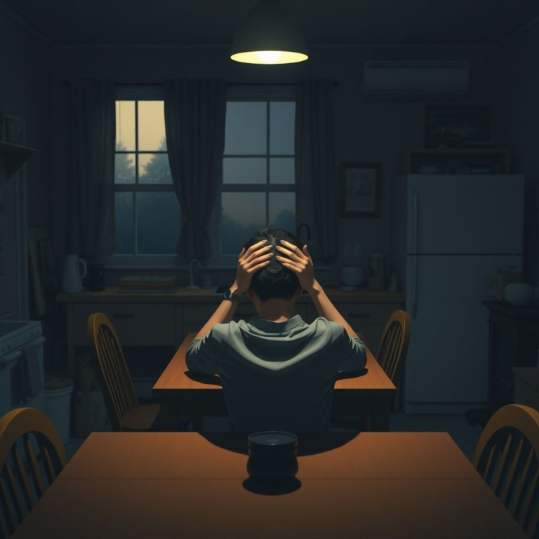 A person sitting alone at a kitchen table in a dimly lit house, head in hands, looking overwhelmed and distressed, contemplating a difficult decision. The setting is a cozy, slightly messy home, with muted colors, evening light filtering through a window, creating a somber, reflective mood. Realistic, highly detailed, cinematic atmosphere, 8k quality, photorealistic