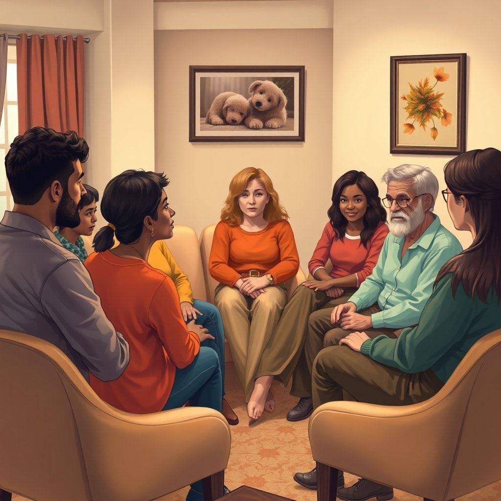 A support group meeting with diverse individuals sitting in a circle, some speaking, others listening empathetically. The roo