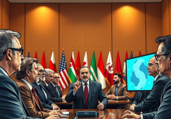 A diverse group of world leaders and AI experts in a large, modern conference room, serious and focused expressions, presenting on holographic screens, with flags of various nations in the background, warm natural light, cinematic atmosphere, ultra realistic, highly detailed, 8k quality, photorealistic