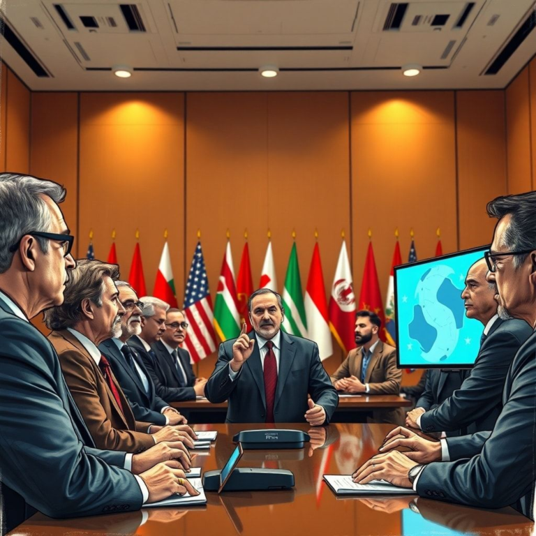 A diverse group of world leaders and AI experts in a large, modern conference room, serious and focused expressions, presenting on holographic screens, with flags of various nations in the background, warm natural light, cinematic atmosphere, ultra realistic, highly detailed, 8k quality, photorealistic